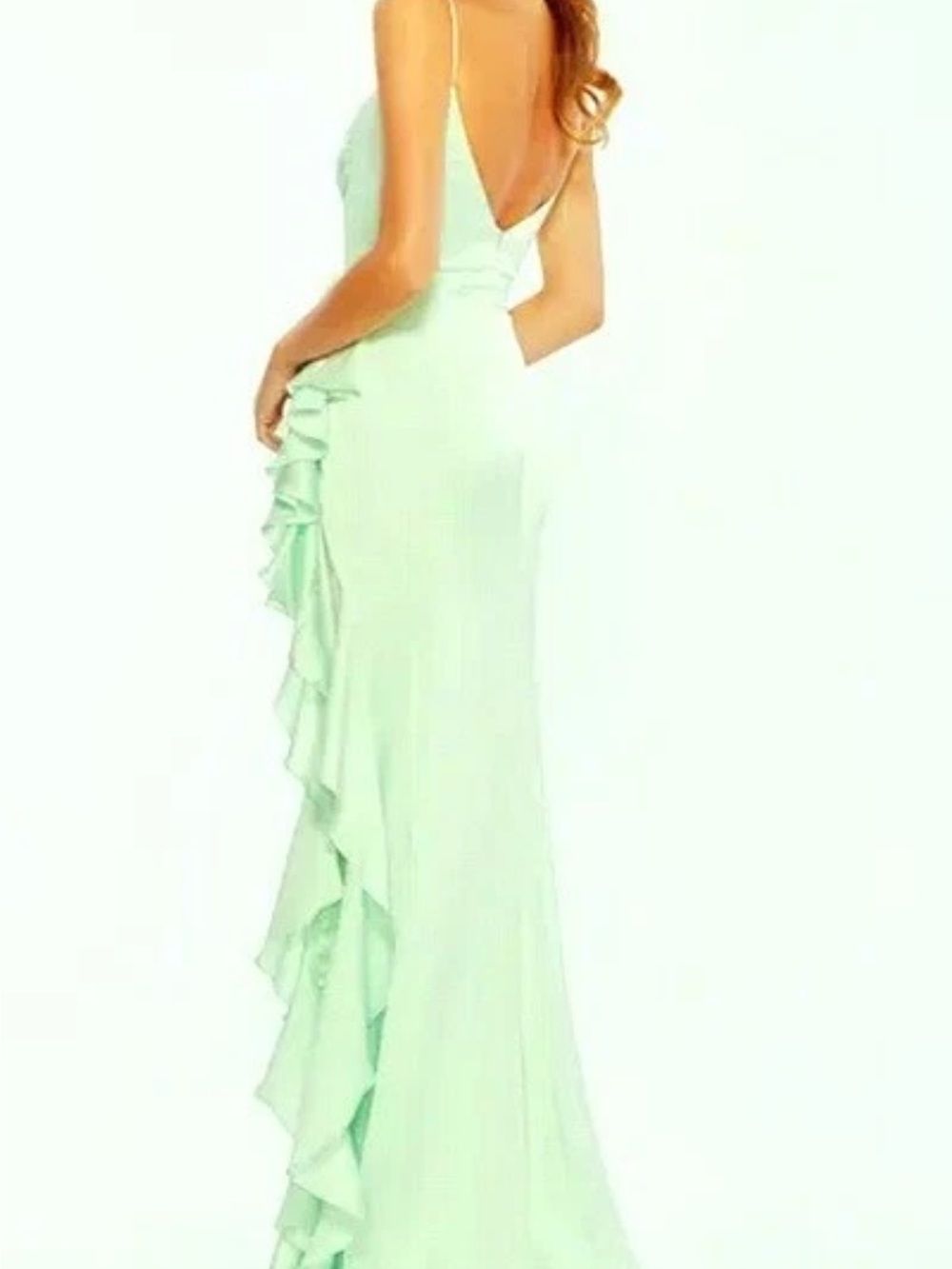 Elegant pistachio Green Ruffle-Back Evening Dress